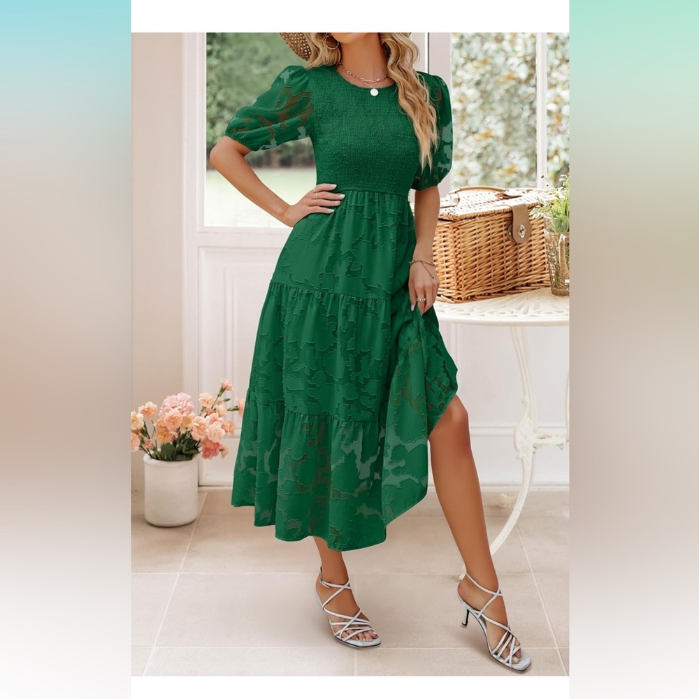 Short Puff Sleeve Crewneck Smocked Floral Lace Flowy A Line Tiered Maxi Dresses
